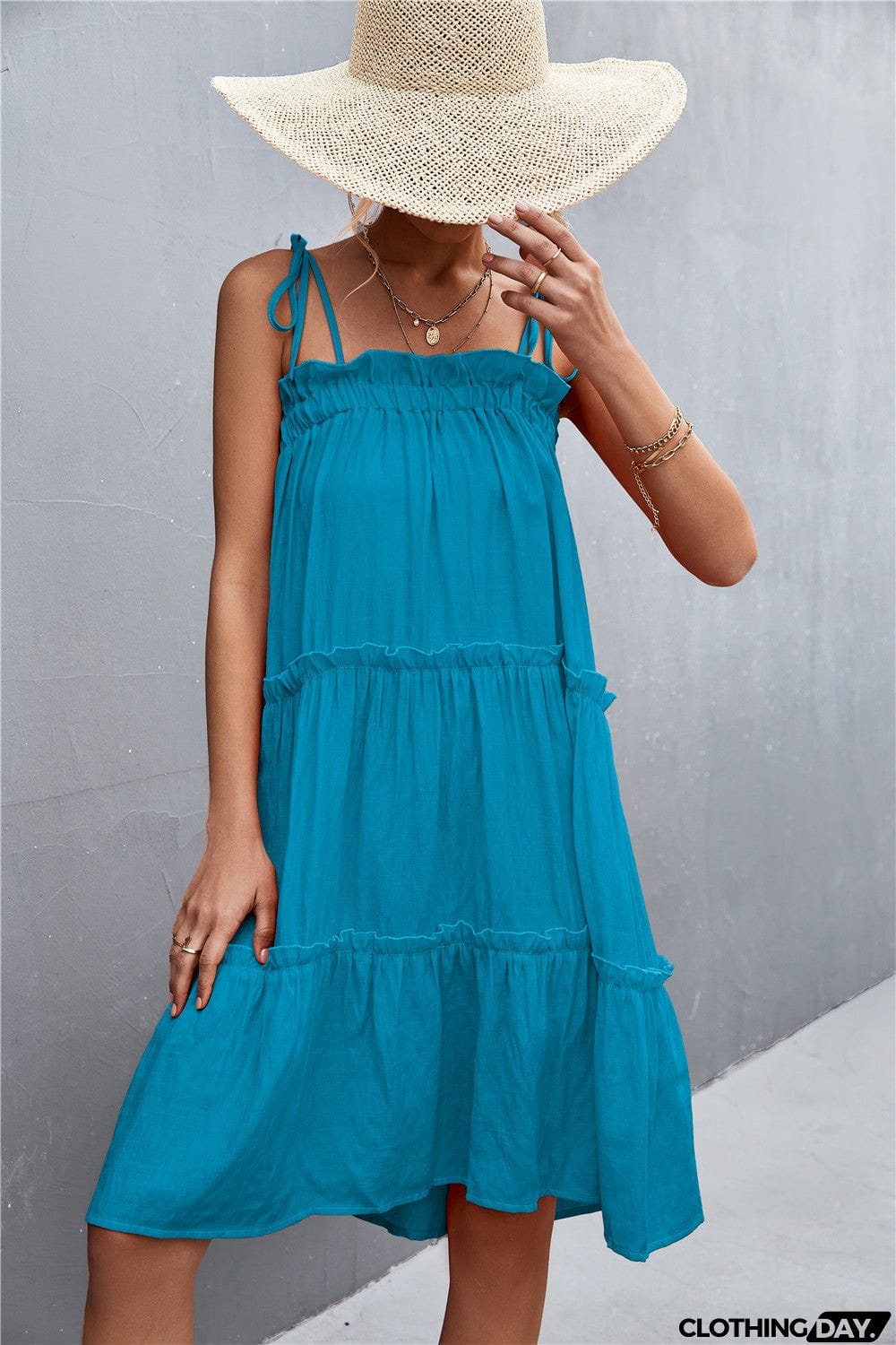 Tie-Shoulder Frill Trim Sleeveless Dress