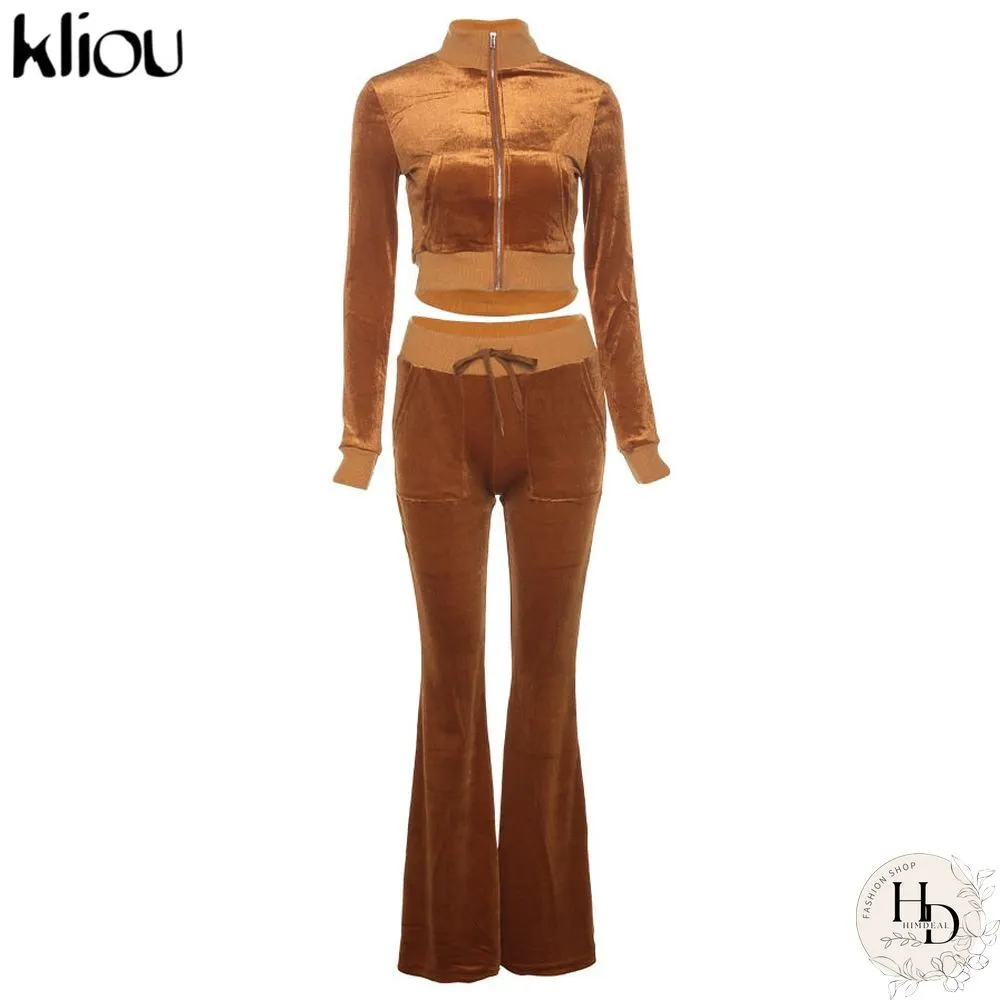 Kliou Solid Velour Two Piece Set Women Simple Casual Zipper Long Sleeve Turtleneck
