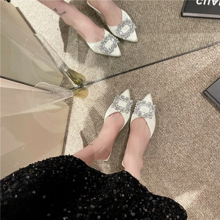 Yyvonne Buckle Water Drill Head Half Slippers Women Wear Summer 2025 New Thin Heel Slacker Cool Dragged Muller Shoes