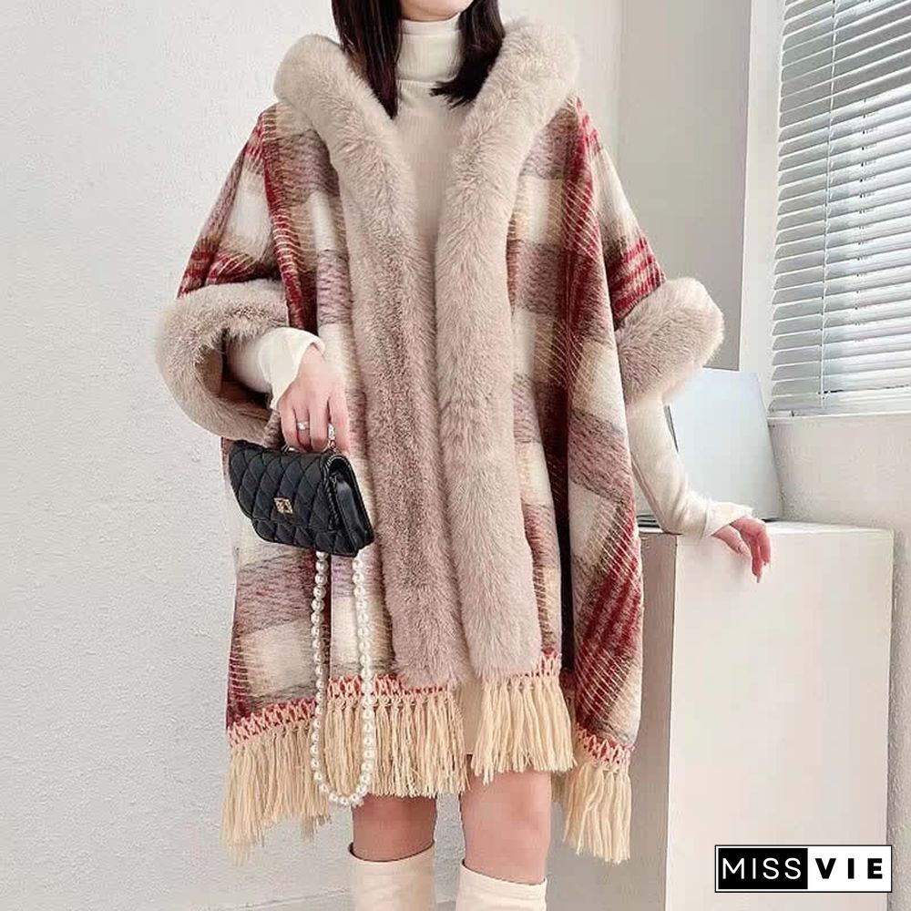 Plaid Print Furry Collar Fringed Casual Hooded Cloak Coat