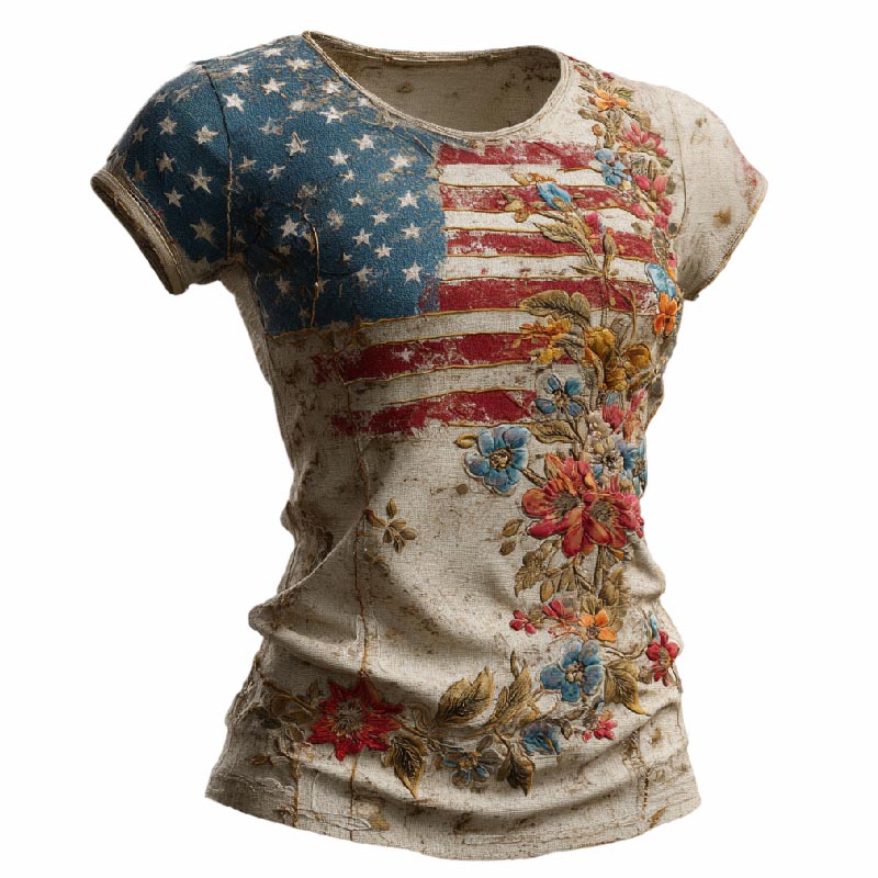 Women's Vintage American Flag 250th Anniversary Floral Print Short-Sleeve Crew Neck T-Shirt - Helixace