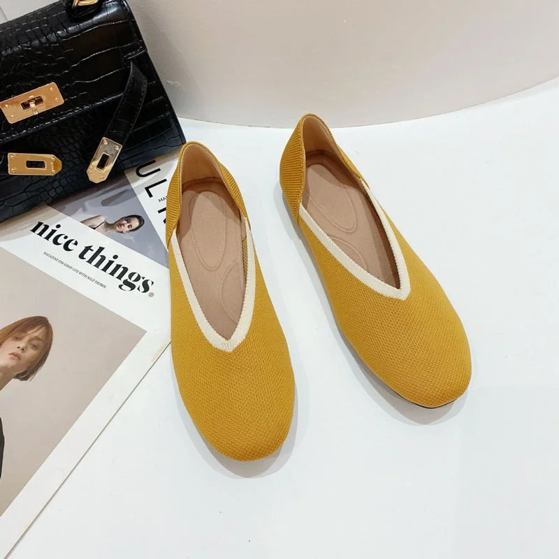 Women Shoes 2022 Bowknot flat Shoes Soft Pregnant Scoop Shoes Square Head Knitted Shoes Tide Girl Peas Shoes Female Ballet Shoes