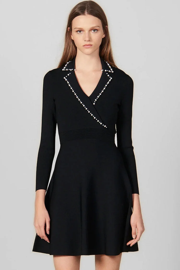 Abebey Vintage Pearl Lapel Long Sleeve Fit & Flare Sweater Mini Dress - Black
