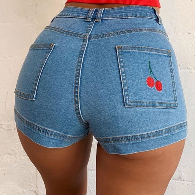 Jeans Shorts Women 2021 Fashion Cherry Embroidery Summer Skinny High Waist Short Jeans Women's Casual Slim Fit Denim Shorts