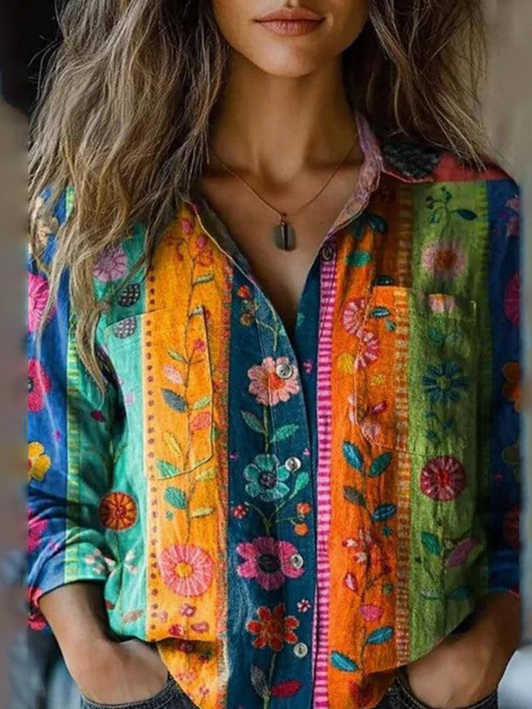 Comstylish Vintage Striped Floral Print Women's Linen Shirt
