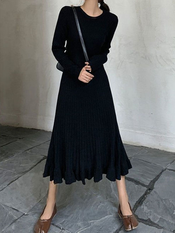 Ruffled Solid Color Long Sleeves Loose Round-Neck Sweater Dresses Midi Dresses