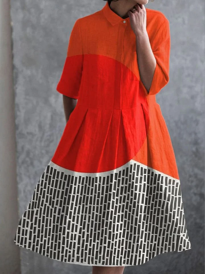Women's Vintage Abstract Geometry  Print Pocket Cotton Dress