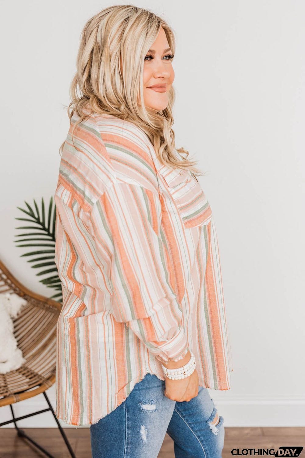 Plus Size Striped Shirt with Chest Pockets