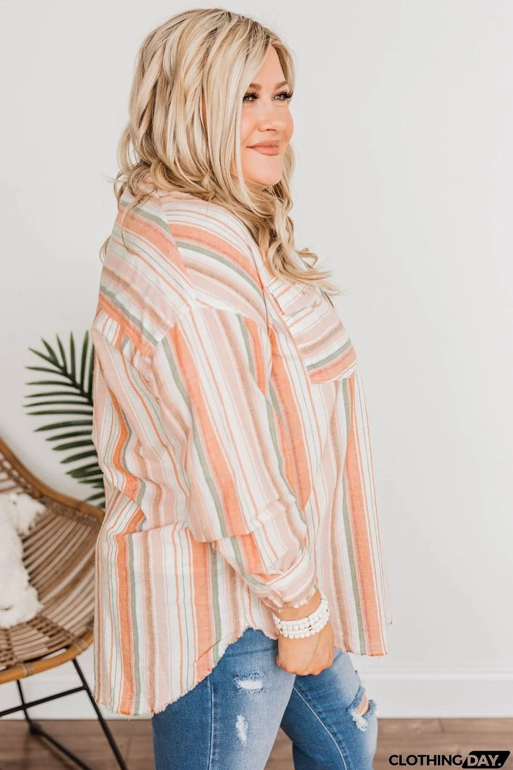 Plus Size Striped Shirt with Chest Pockets