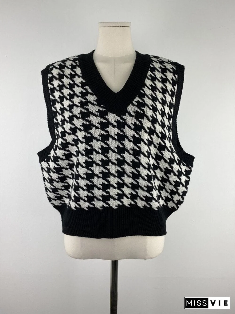 New Women'S Knit Vest Fall Winter Retro Casual Loose V-Neck Sleeveless For Female Classic Houndstooth Pattern Waistcoat Sweater