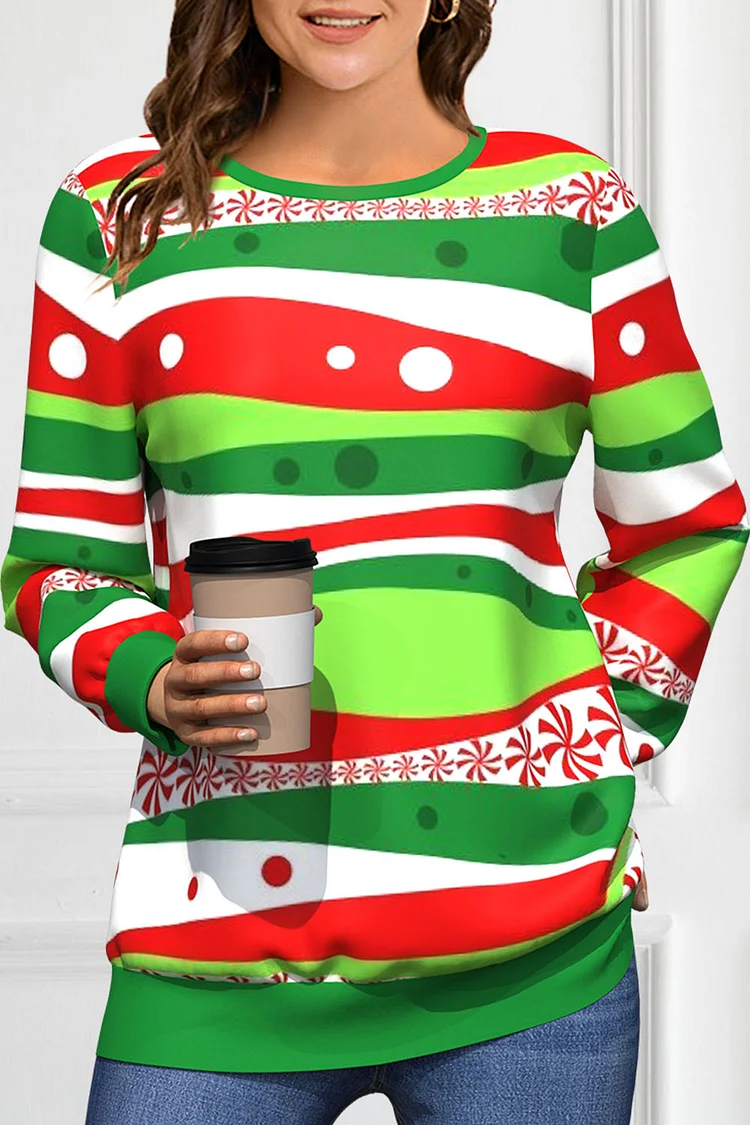 Flycurvy Plus Size Christmas Green Striped Polka Dot Print Long Sleeve Sweatshirt  Flycurvy [product_label]