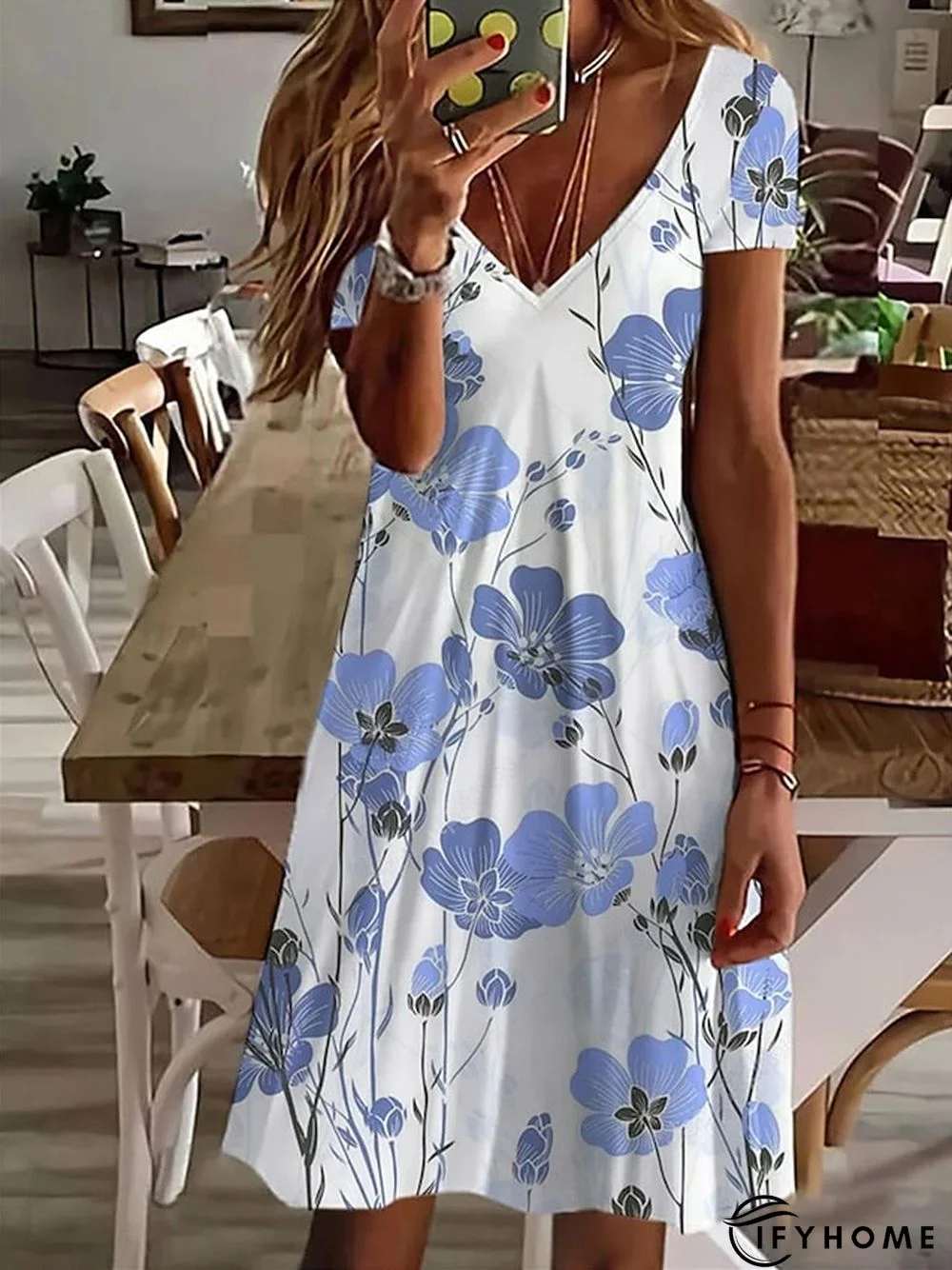 Women's Casual Dress Print Dress Loose Dress Floral Print V Neck Mini Dress Active Basic Outdoor Holiday Short Sleeve Regular Fit White Blue Sky Blue Spring Summer S M L XL XXL | IFYHOME