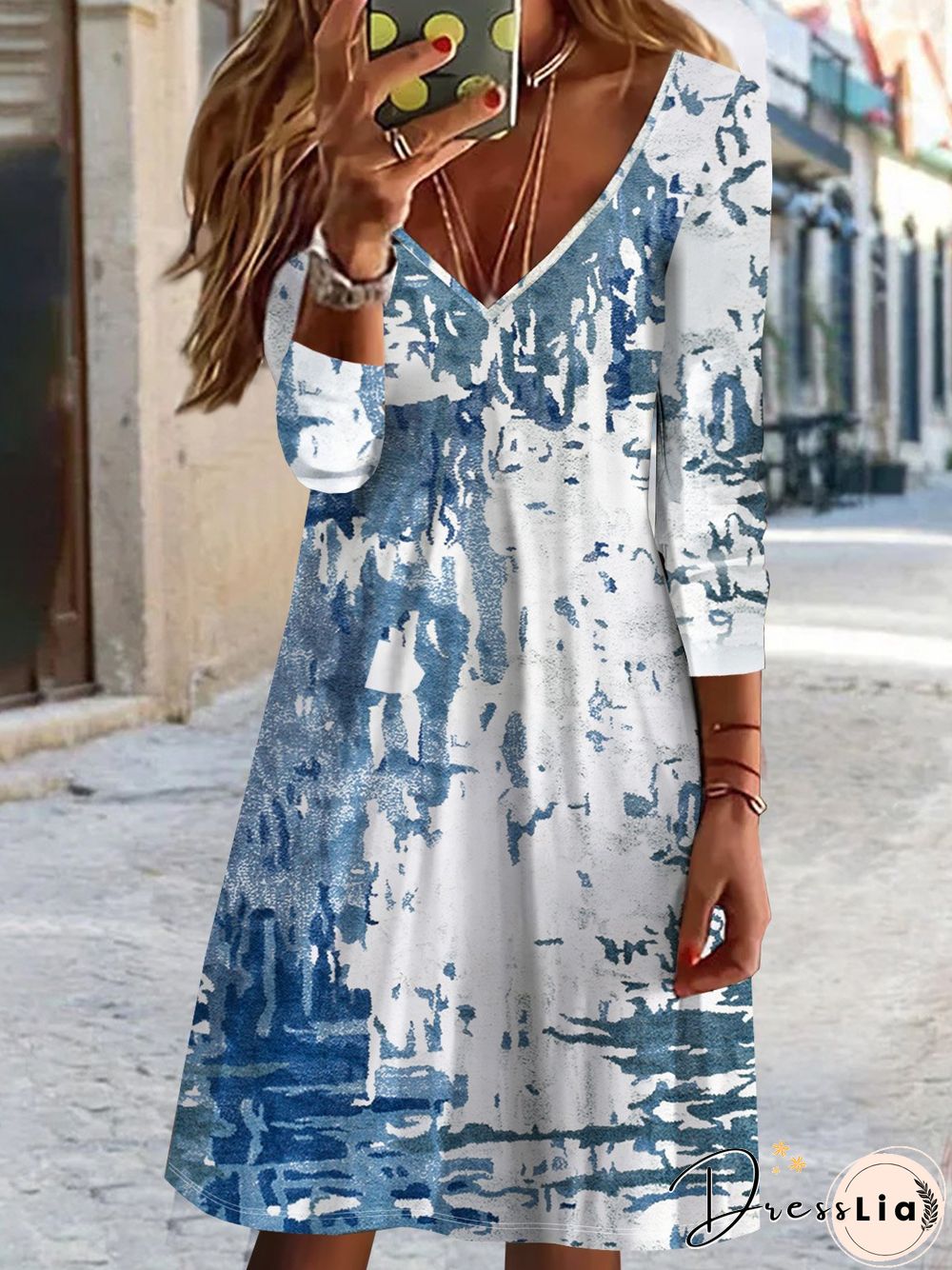 Abstract Printed Casual Loose V Neck Dresses