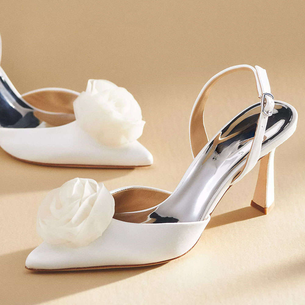 White Satin Pointed Toe Flared Heel Rose Bridal Slingback Heels Nicepairs
