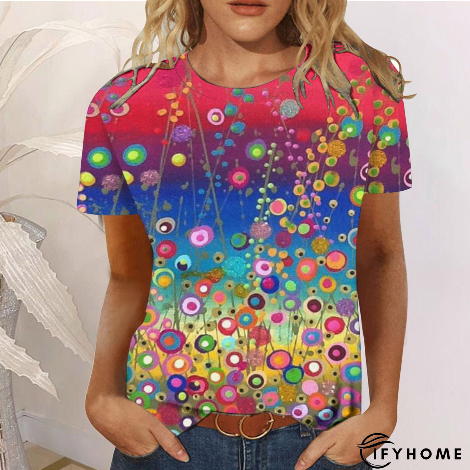 Crew Neck Casual Geometric Short Sleeve T-Shirts | IFYHOME