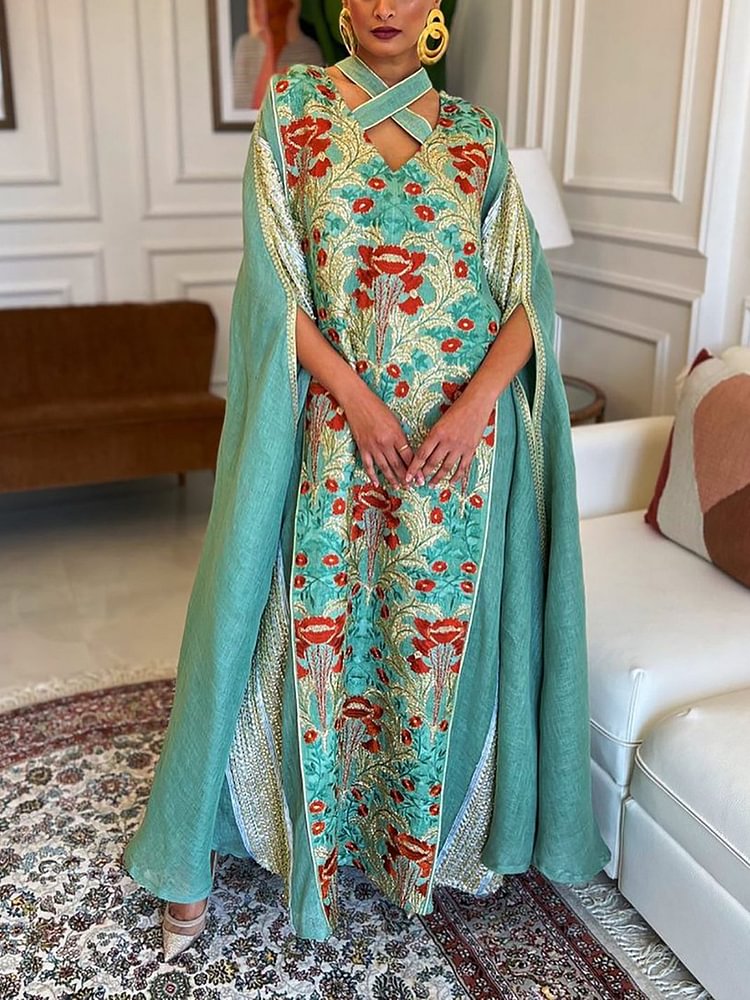 Flowers pattern open sleeve kaftan dress فساتين