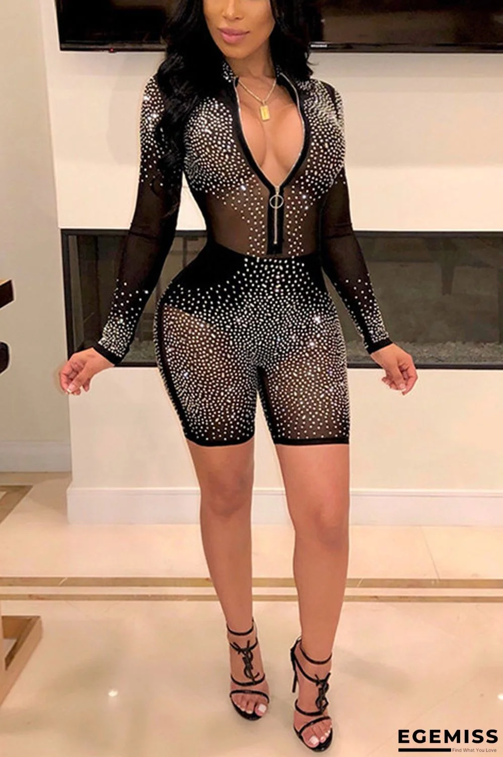 Black Sexy Mesh Long Sleeve Romper | EGEMISS