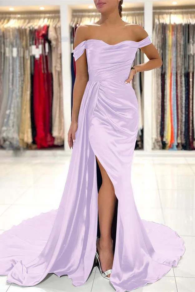 Daisda Mermaid Dark Green Off-the-Shoulder Prom Dress Split With Ruffles