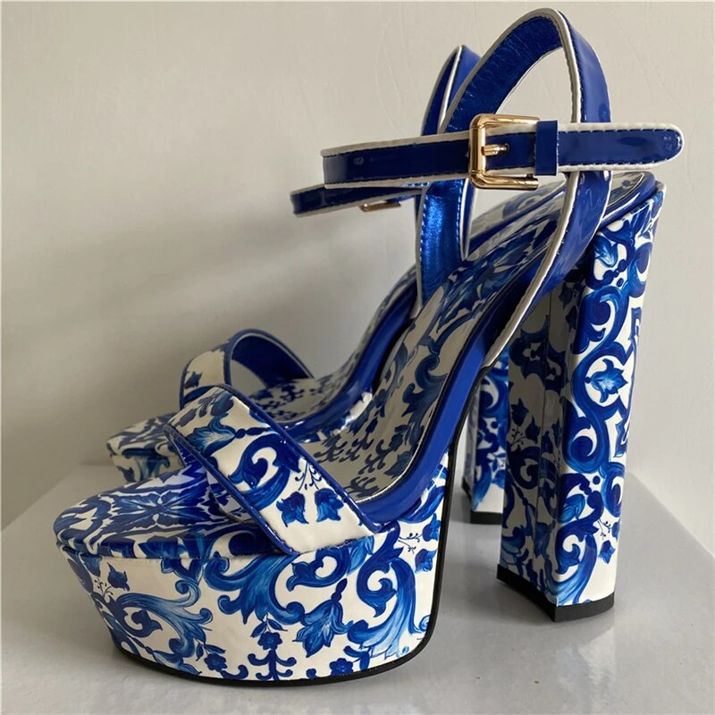 VCSHOES Print Flower Patent Leather Sandals Women High Platform Ankle Strap Chunky Heel Modern Shoes