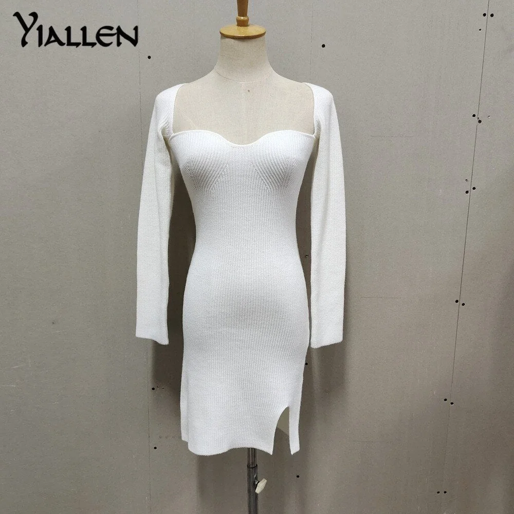 Yiallen Autumn Winter Basic Split Knitted Dress Sexy Slim Square Collar Long Sleeve Mini Dresses For Women 2022 Elegant Fashion