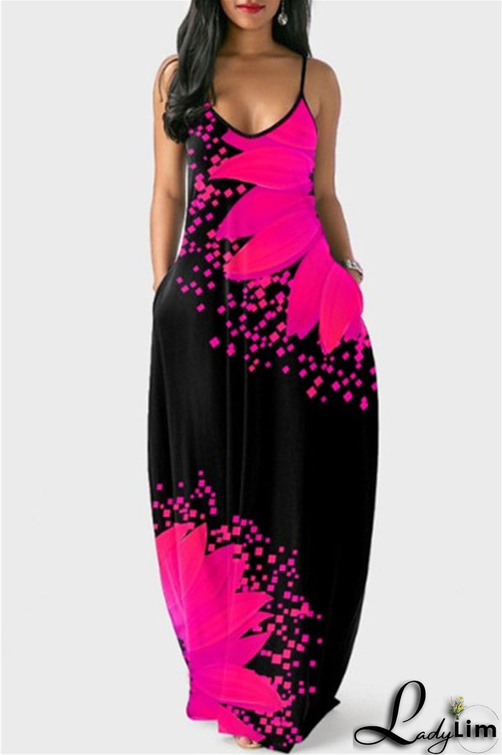 Yellow Fashion Sexy Print Backless Spaghetti Strap Long Dress