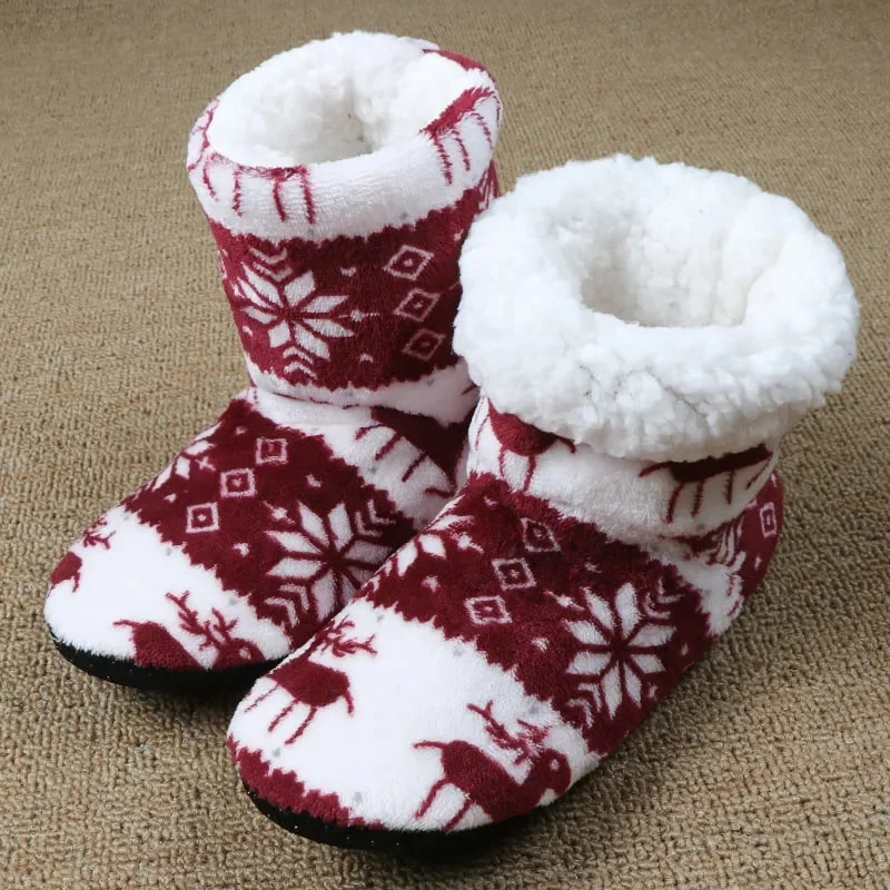 Applyw Floor Shoes Woman Hoouse Slippers Christmas Elk Indoor Socks Shoes Warm Fur Contton Slipper Plush Insole Anti-Skid Sole