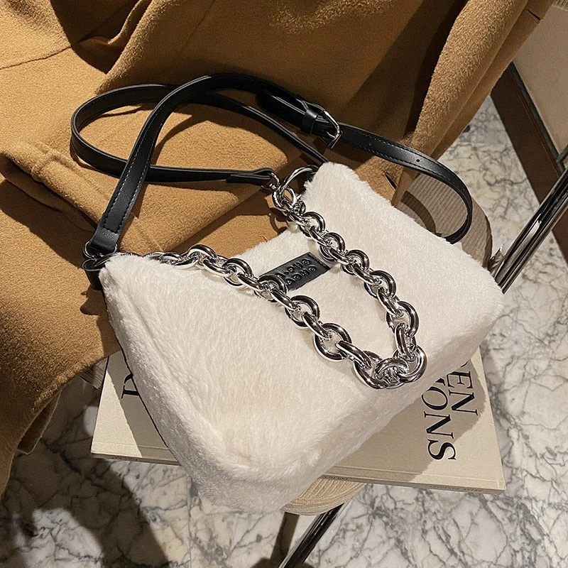 էѧӧܧ Small Leopard Soft Faux Fur Totes Bags With for Women 2021 Winter Simple Solid Color Fashion Luxury Handbags Purses