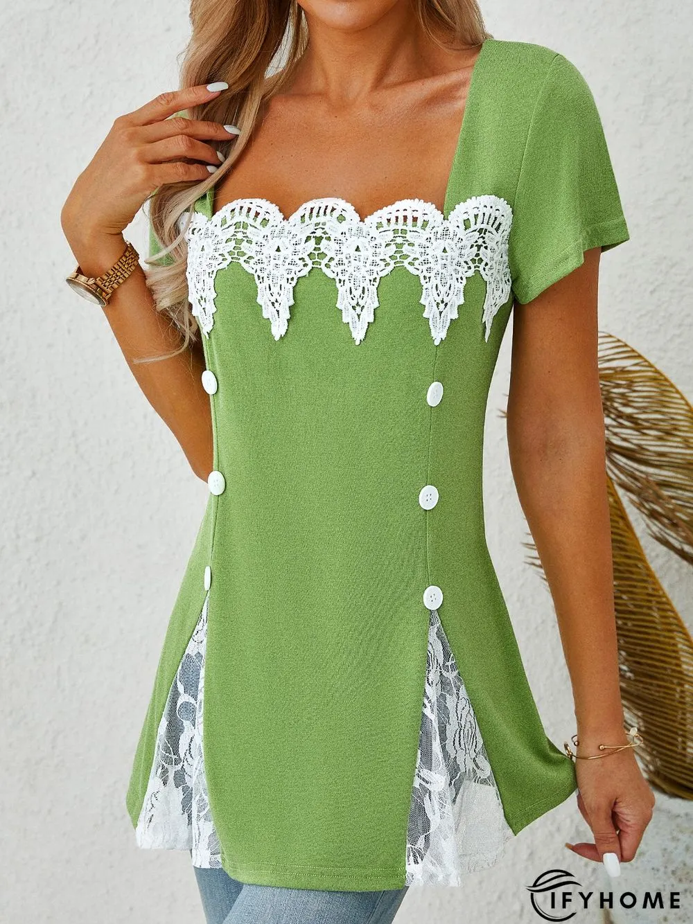 Lace Square Neck Casual Short Sleeve T-Shirt | IFYHOME