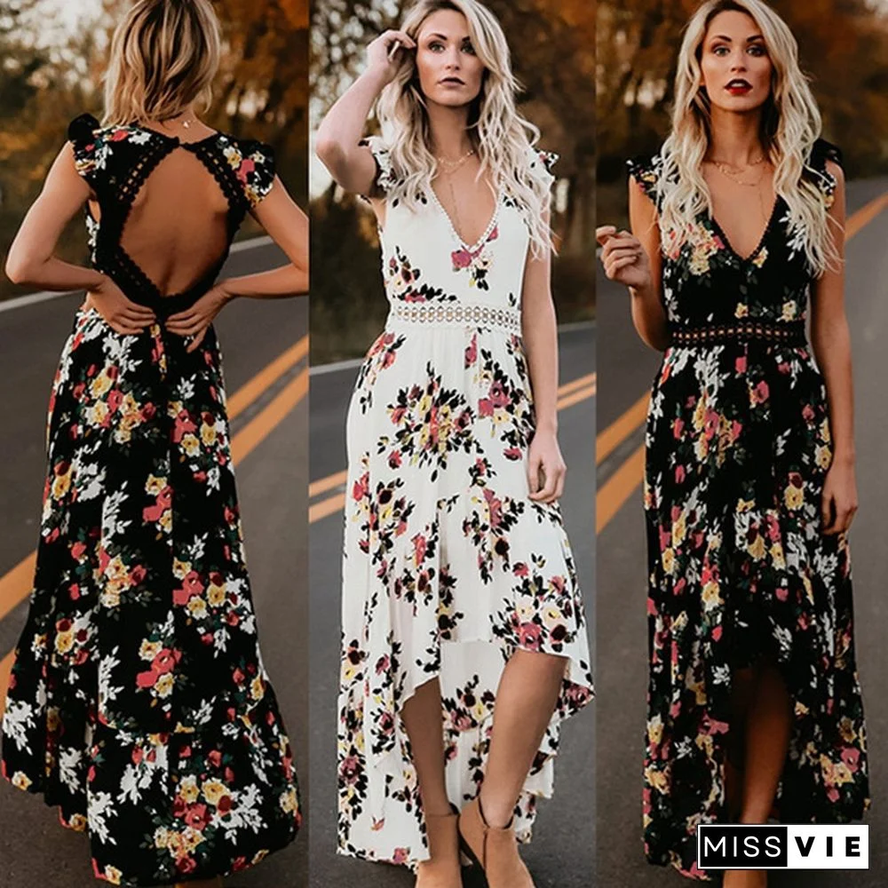 Elegant Fashion Women Sleeveless Floral Print Irregular Maxi Dress Slim Backless Holiday Beach Dress Bohemian Sundress