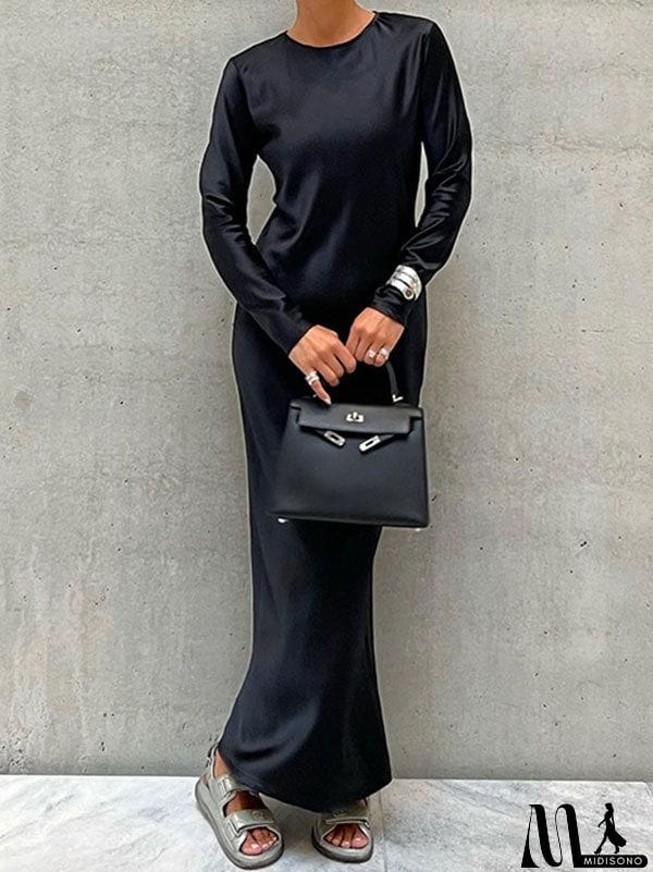 MidiSono - Casual Loose Long Sleeves Solid Color Round-Neck Maxi Dresses