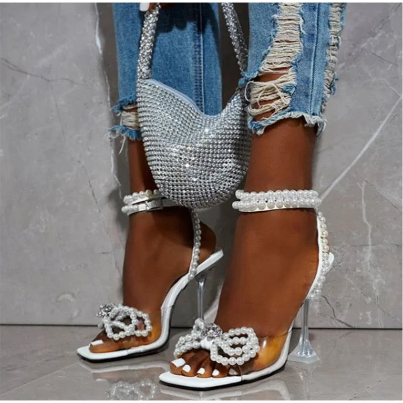 2022 Summer Women Sandals Square Toe Crystal Buckle Strap Transparent Female Pumps Elegant Ladies High Heels Fashion Footwear