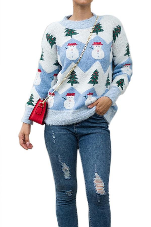 Christmas Tree Snowman Sweater Color Black Blue - Shop Trendy Women's Clothing | LoverChic