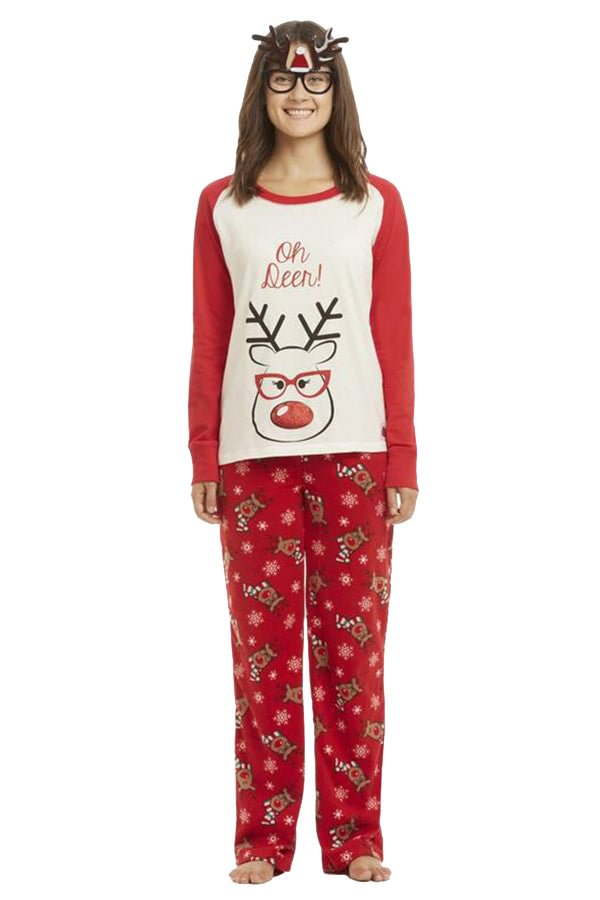 Womens Reindeer And Snowflake Printed Christmas Family Pajama Set Red-elleschic