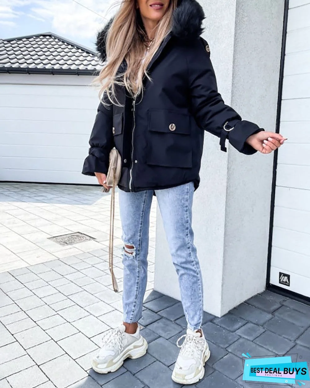 Faux Fur Patch Pocket Zipper Design Hooded Parker Coat