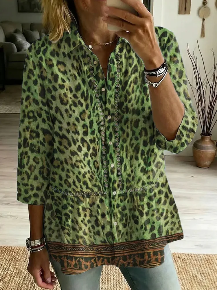 Women's Retro Leopard Art Print Casual Lapel Cotton Shirt
