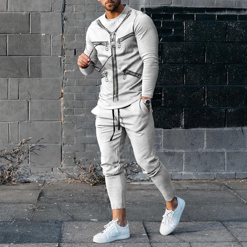 Round Neck With Fun 3D Zipper Print Long Sleeve T-Shirt And Pants