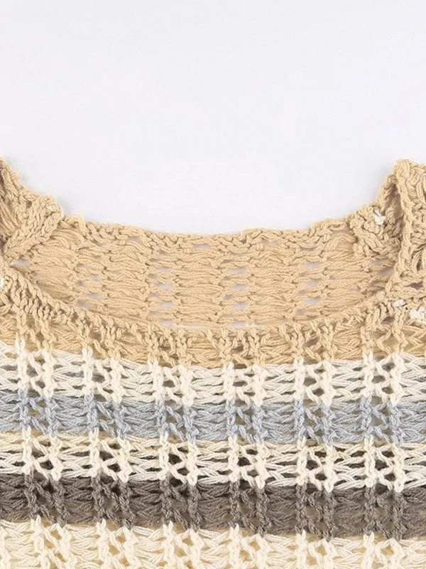 Brownm crop long sleeve crochet top with crochet pattern and stripes