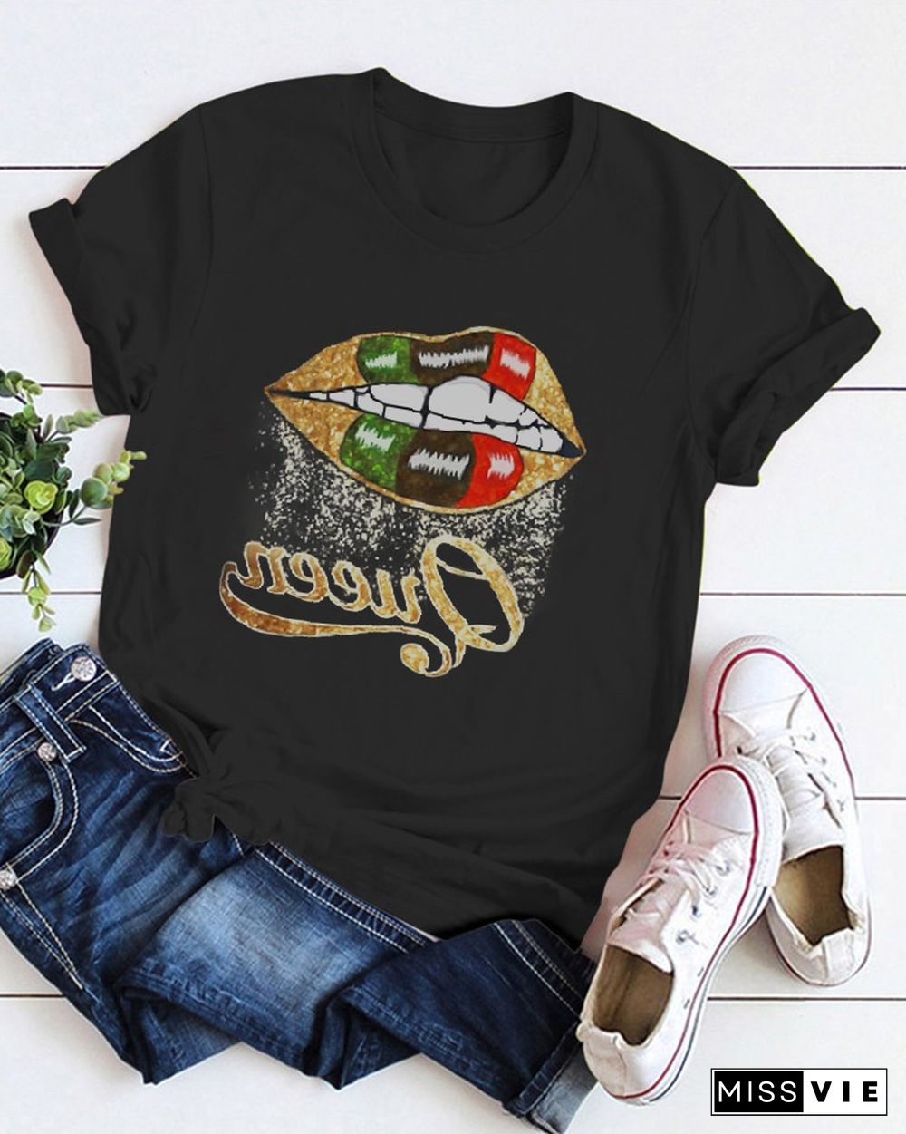 Letter Lip Print Short Sleeve T-Shirt