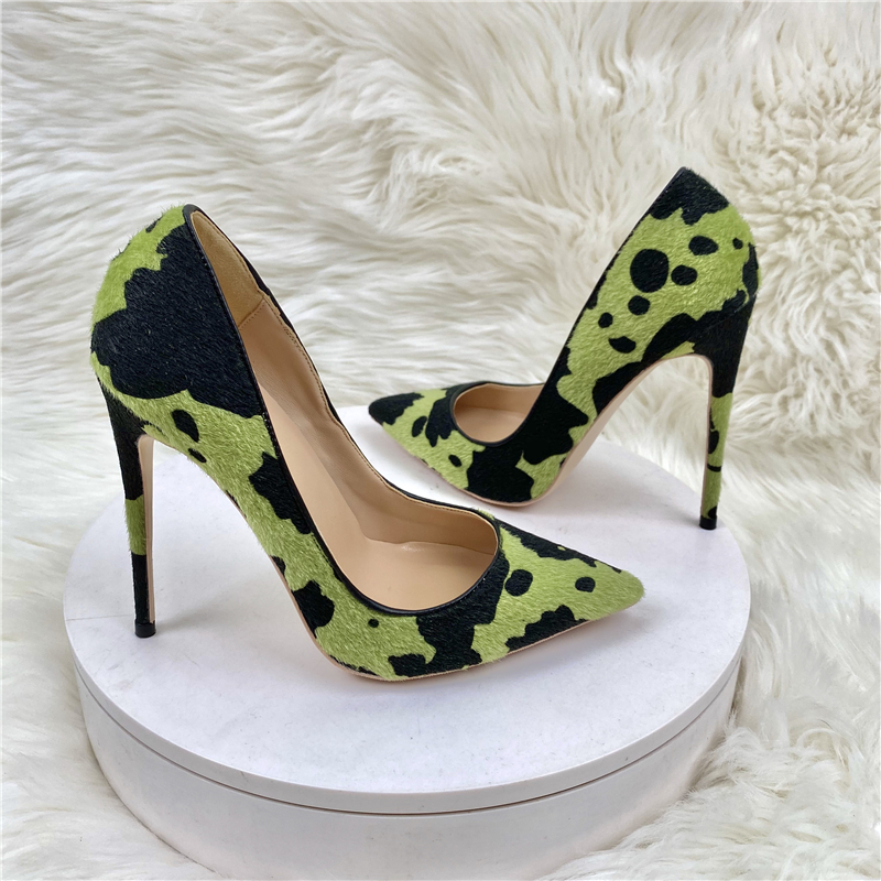 Hairy Grafitti Pattern Women Green Pointy Toe High Heel Shoes Unique Stiletto Pumps