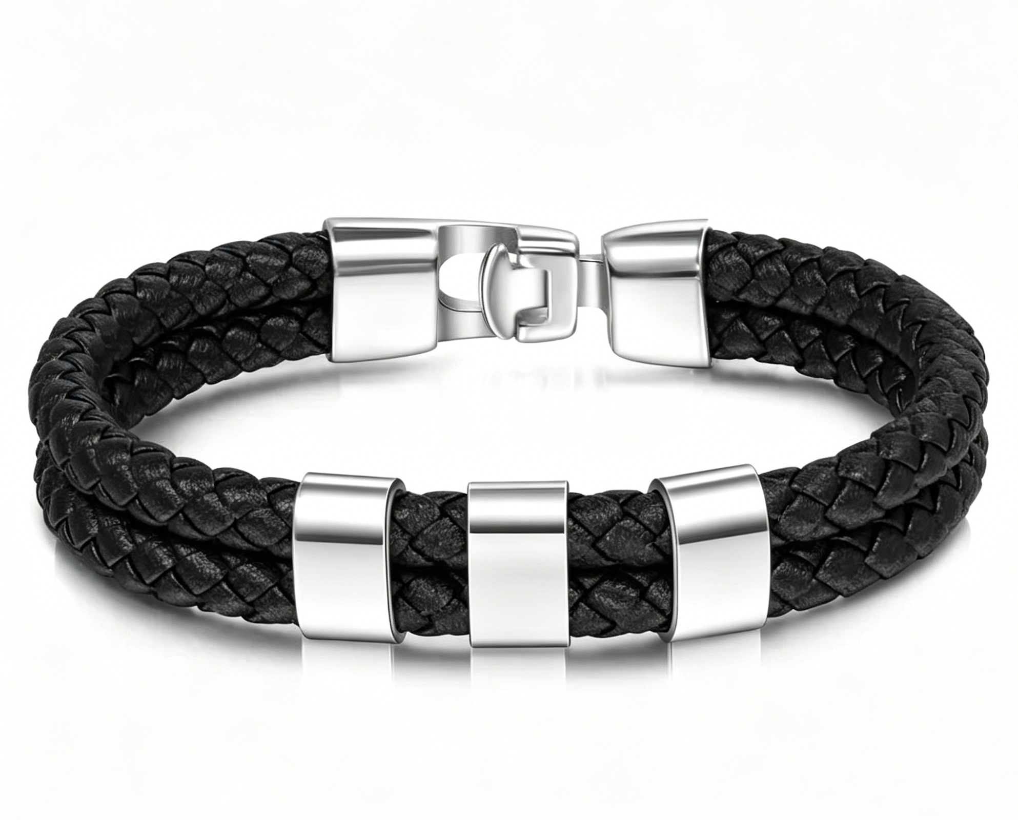 Men Leather Bracelet with Engraved Beads Custom Two Layers Bracelet Black