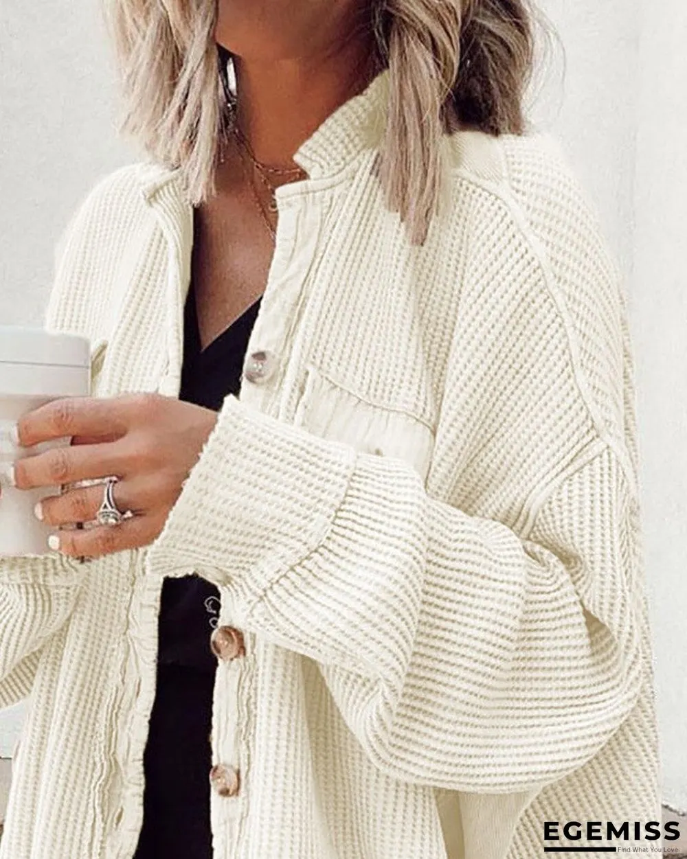 Batwing Sleeve Button Front Waffle Knit Shacket | EGEMISS