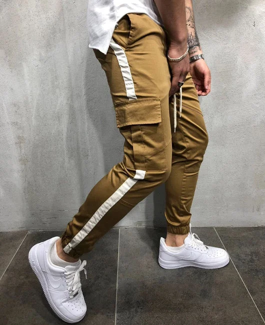 Patched Pocket Side Striped Drawstring Casual Cargo Pants Okaywear