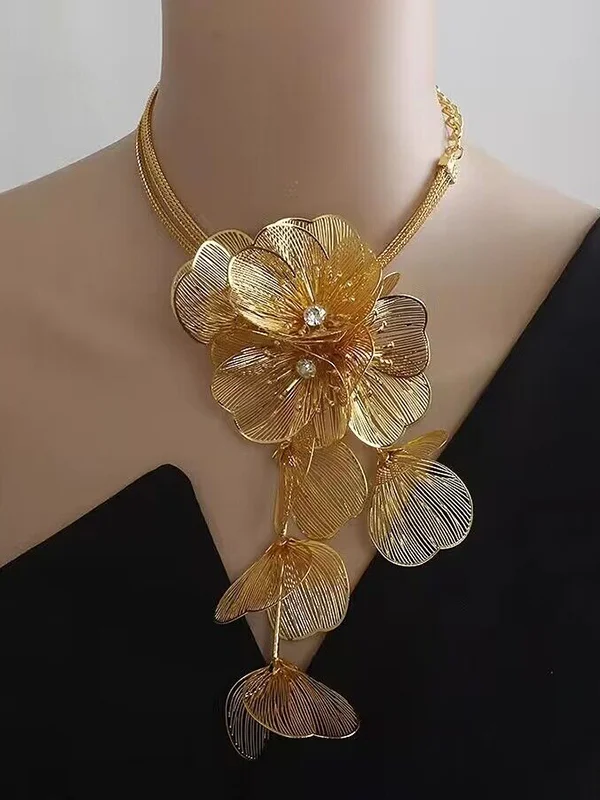 Chains Flower Shape Rhine Stones Solid Color Necklaces Accessories