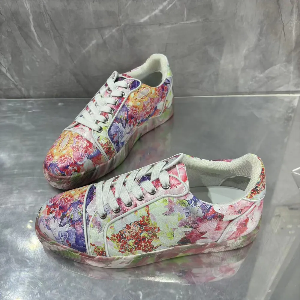 Gentleman's Red bottom Sneakers Flower Pattern Polyester Round Toe Sneakers-vocosishoes