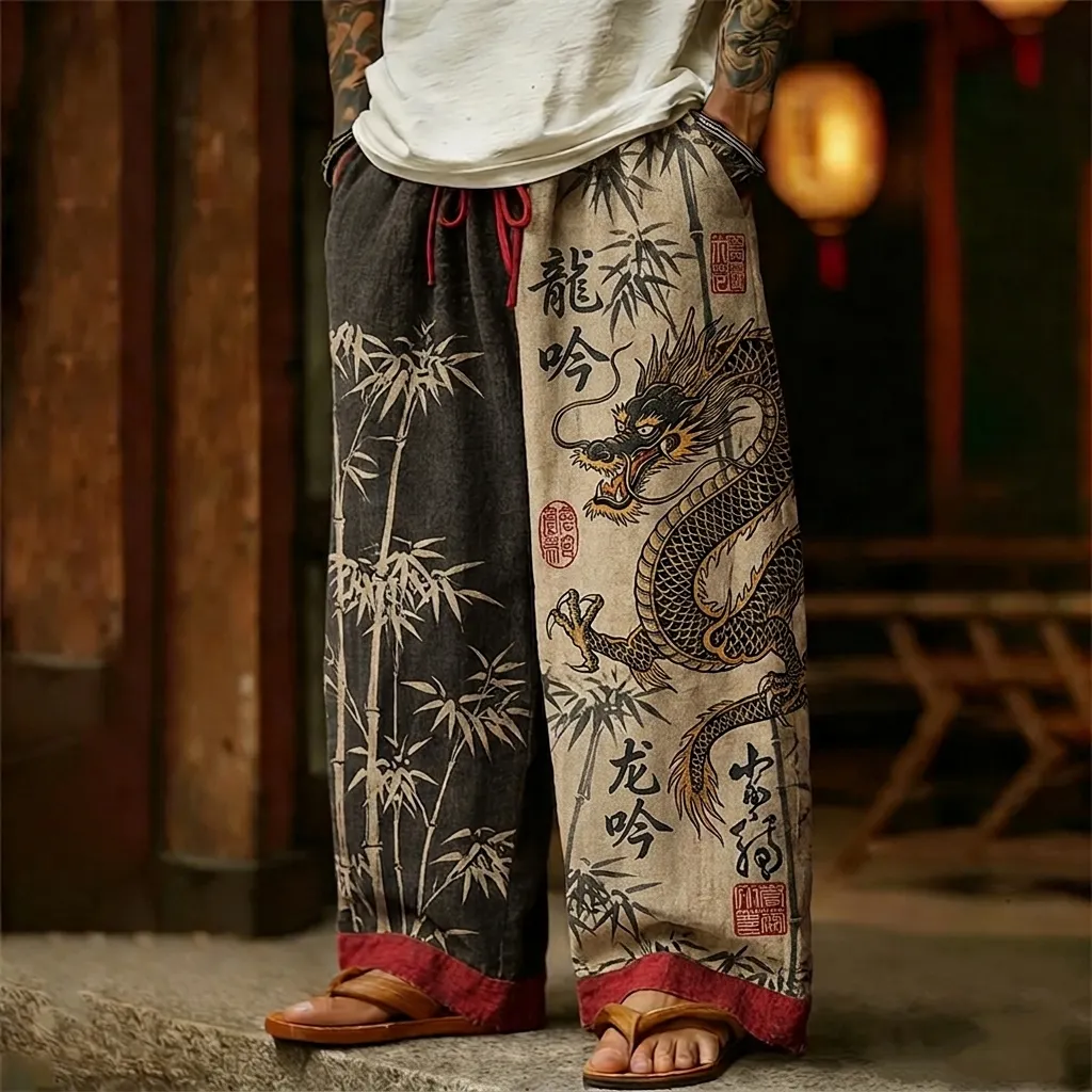 Men's Vintage Japanese Bamboo And Dragon Art Print Casual Pants  artssus