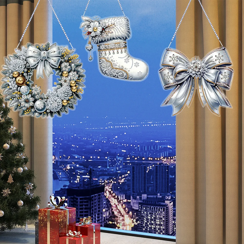 3Pcs Acrylic Winter Christmas 5D DIY Diamond Painting Dot Pendant for Wall Decor