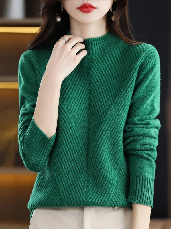 Cityscape Chic: Long-Sleeve Solid Color Half Turtleneck Sweater Tops