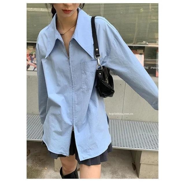 Sharp Collar Zipper Up Shirt Jacket Women Tops High Street Spring Blouse New Long-sleeve Chic New Office White Blue Shirts Trend