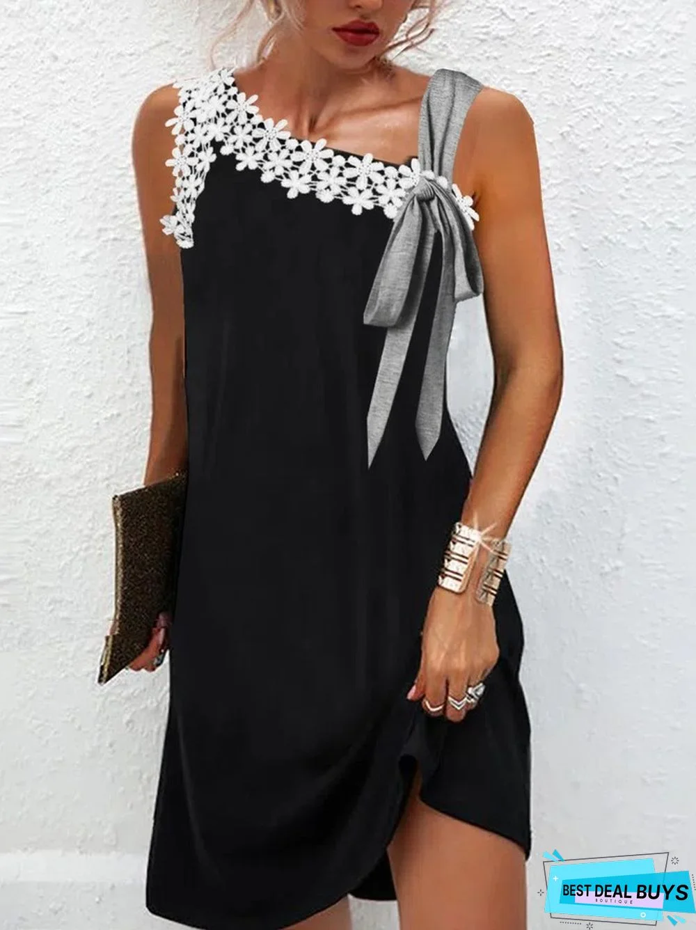 Lace Panel One Shoulder Sleeveless Slim Fitting Knit Dress