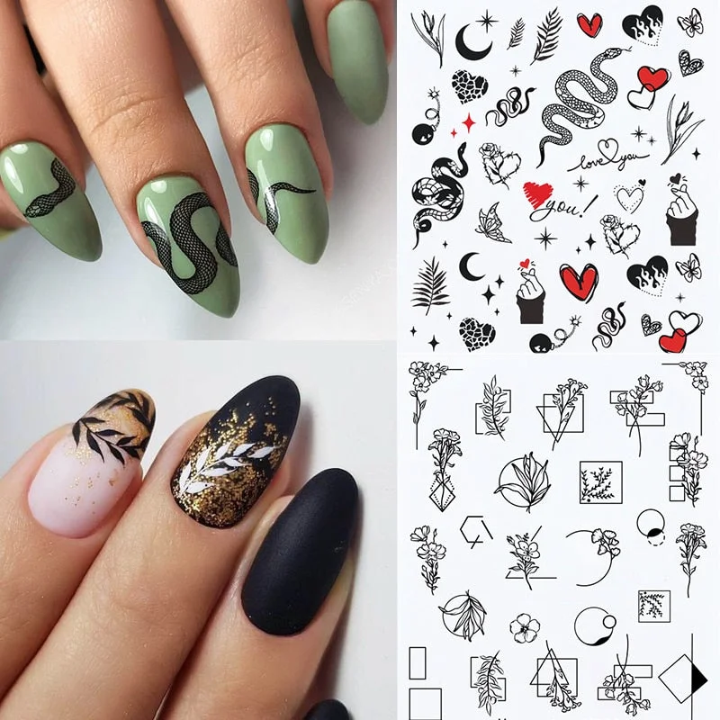 Harunouta Spring Flower Leaf Water Decals Love Heart Geometric Lines Nail Art Stickers DIY Slider Manicures Nail Art Decoration